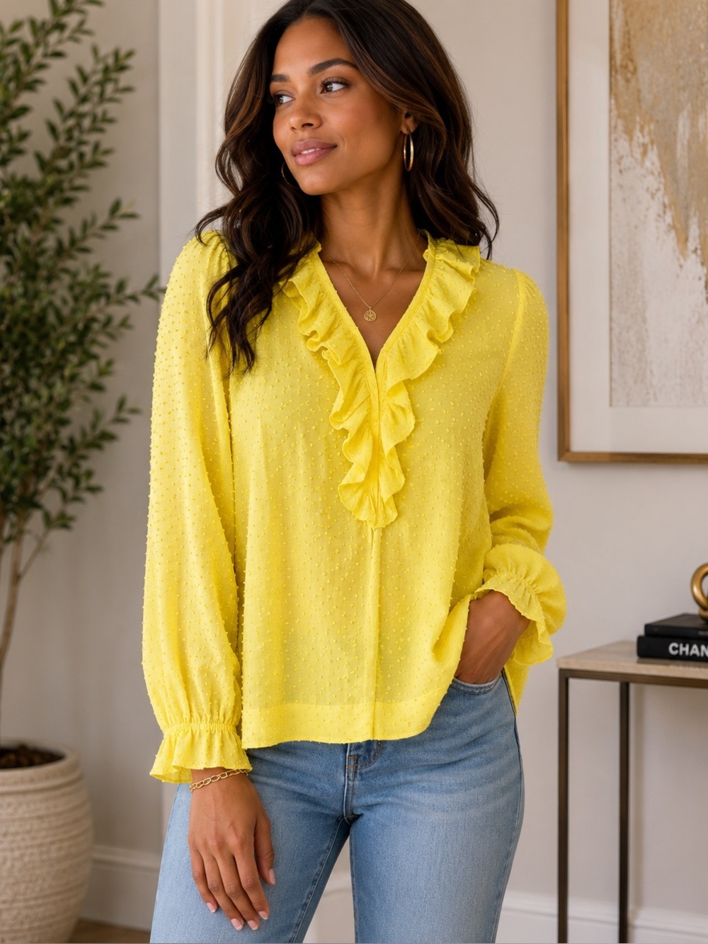 Smythe Yellow Ruffle Front Sheer Top